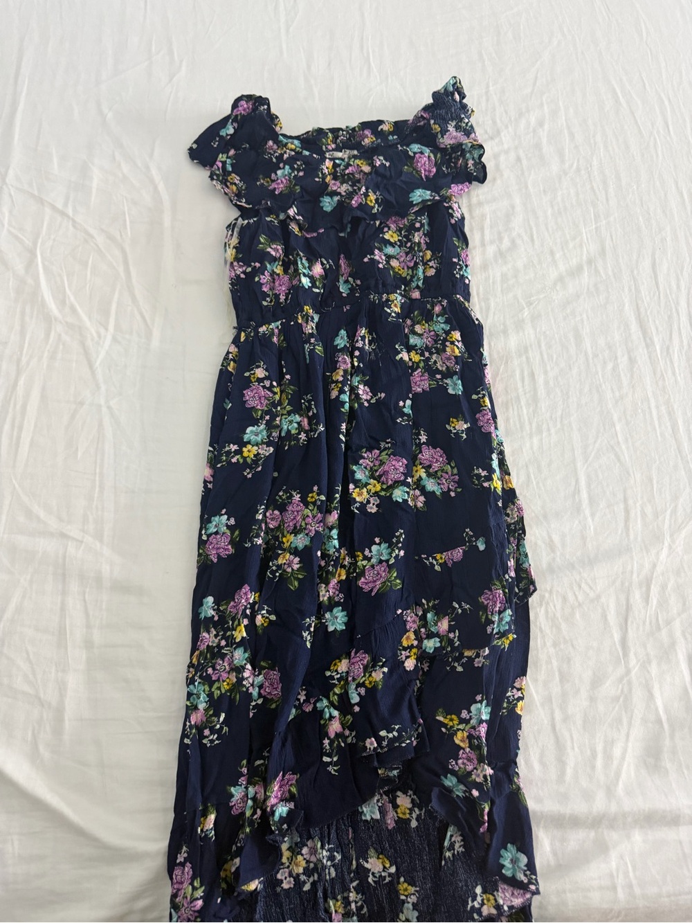 Girls Floral Ruffle Maxi Dress - Navy